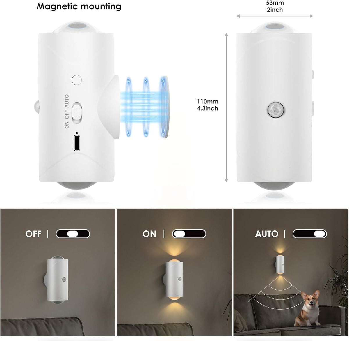Rechargeable Motion-Sensor Night Lights with Magnetic Mounting