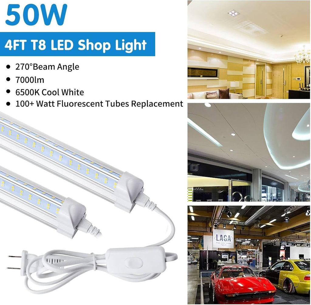 Led Shop Lights,Led Shop Lights 50W 6500K 7000LM Clear White,Shop Light 110V Linkable Integr