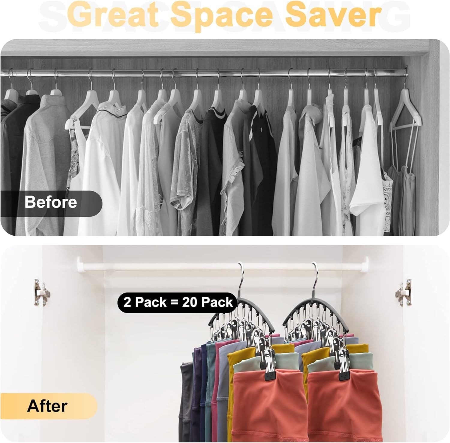 Legging Organizer for Closet – Metal Yoga Pants Hangers 2 Pack with 10 Clips, Space Saving Hanging Closet Organizer