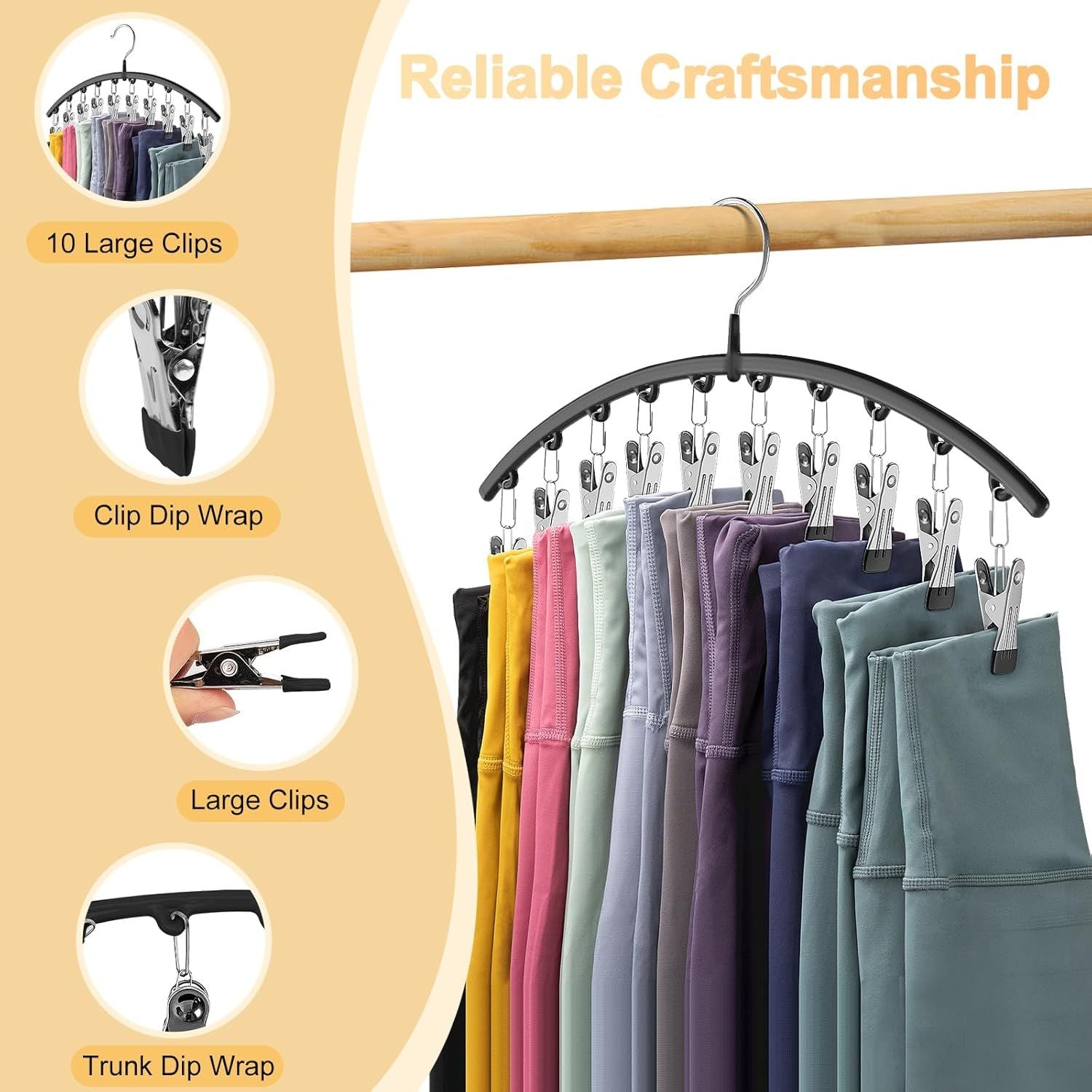 Legging Organizer for Closet – Metal Yoga Pants Hangers 2 Pack with 10 Clips, Space Saving Hanging Closet Organizer