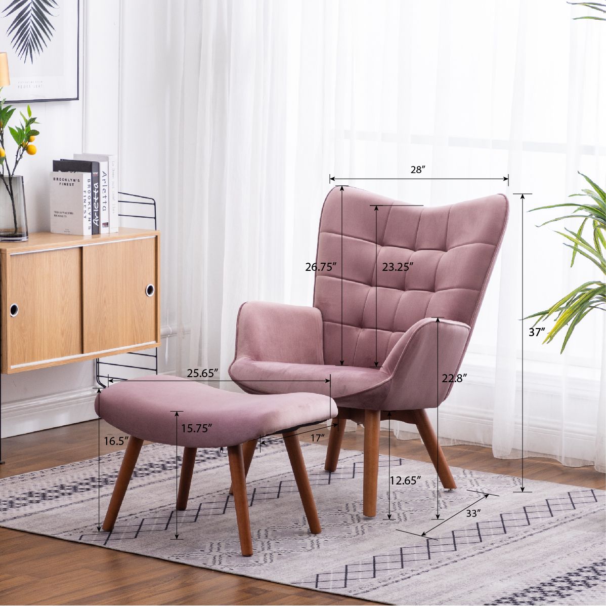 Leiria Contemporary Tufted Accent Chair with Ottoman, Mauve