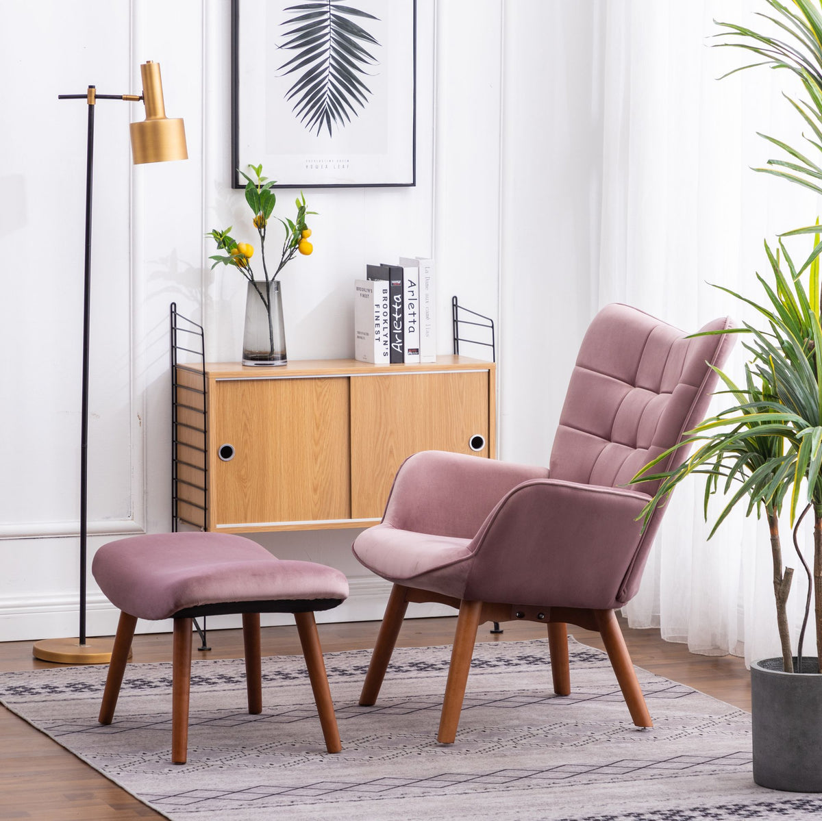 Leiria Contemporary Tufted Accent Chair with Ottoman, Mauve