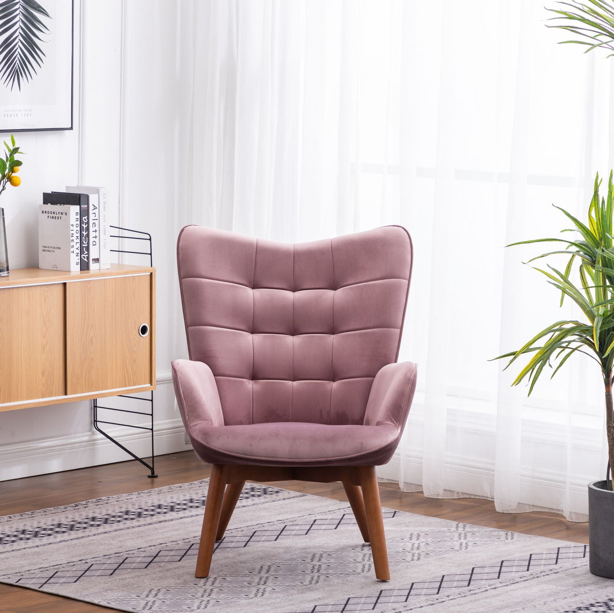 Leiria Contemporary Tufted Accent Chair with Ottoman, Mauve