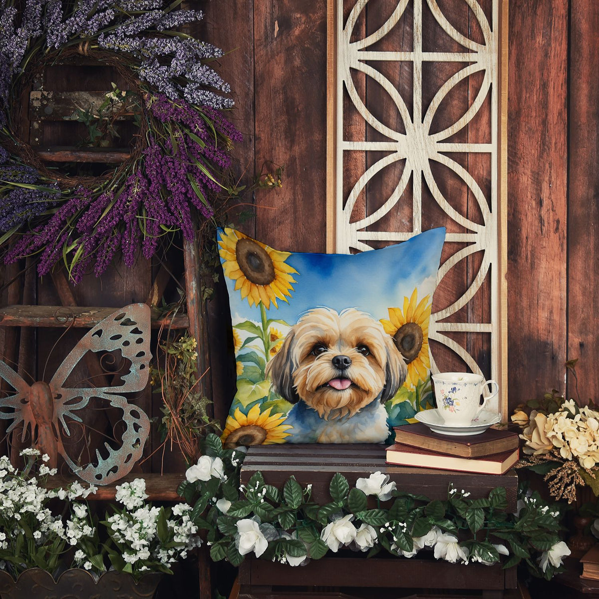 Lhasa Apso in Sunflowers Indoor Outdoor Throw Pillow