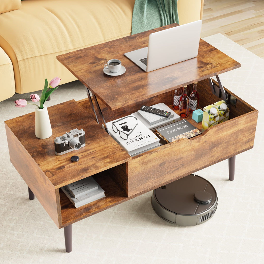 Lift-Top Coffee Table with Hidden Compartment and Side Shelves