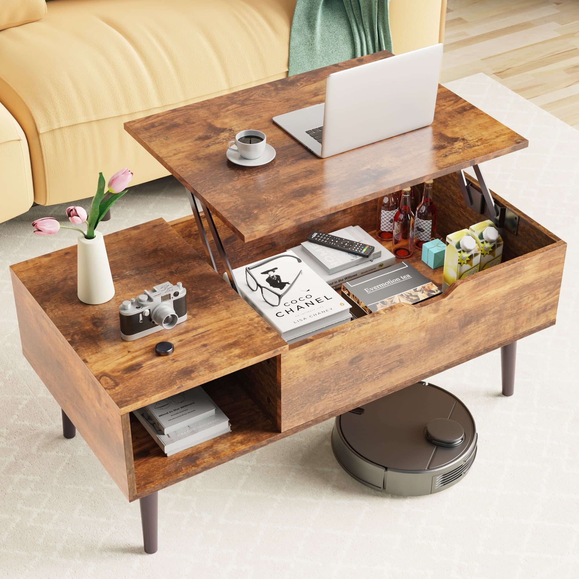 Lift-Top Coffee Table with Hidden Compartment and Side Shelves
