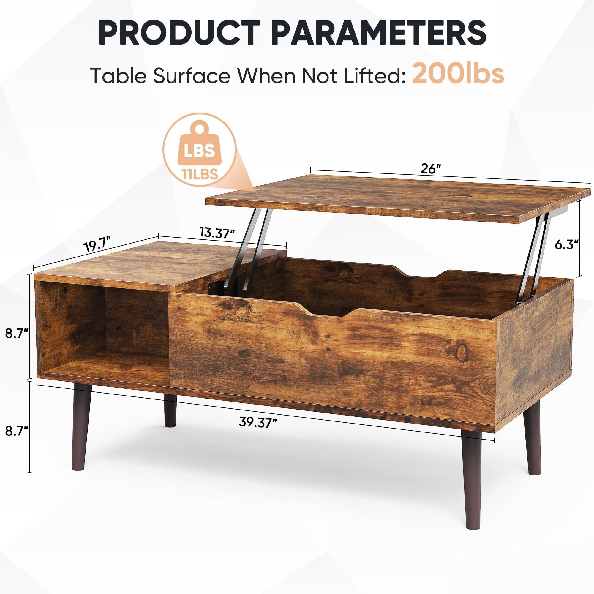 Lift-Top Coffee Table with Hidden Compartment and Side Shelves