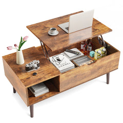 Lift-Top Coffee Table with Hidden Compartment and Side Shelves