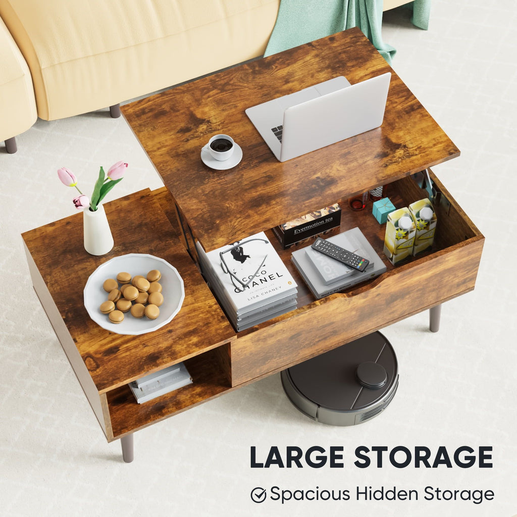 Lift-Top Coffee Table with Hidden Compartment and Side Shelves