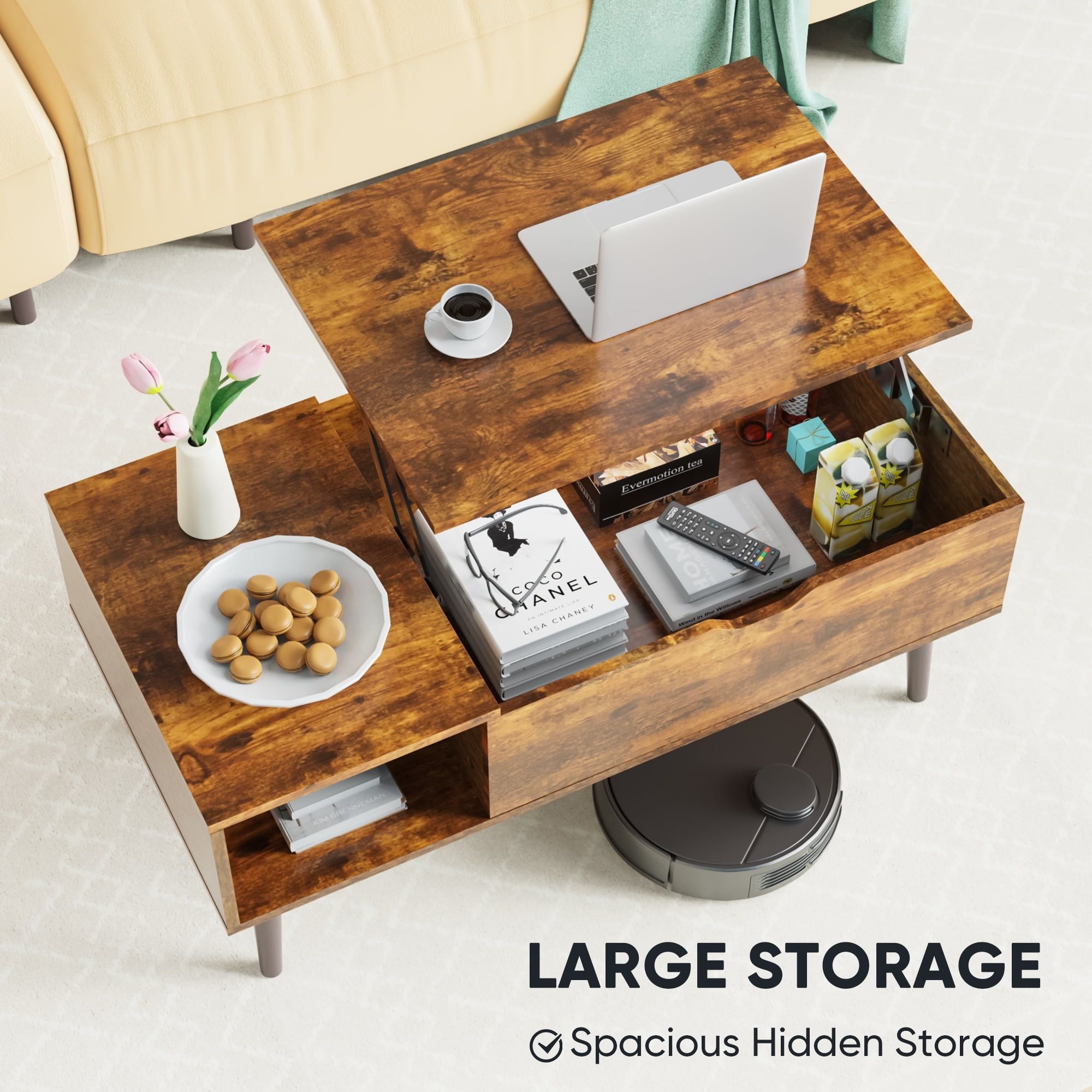 Lift-Top Coffee Table with Hidden Compartment and Side Shelves