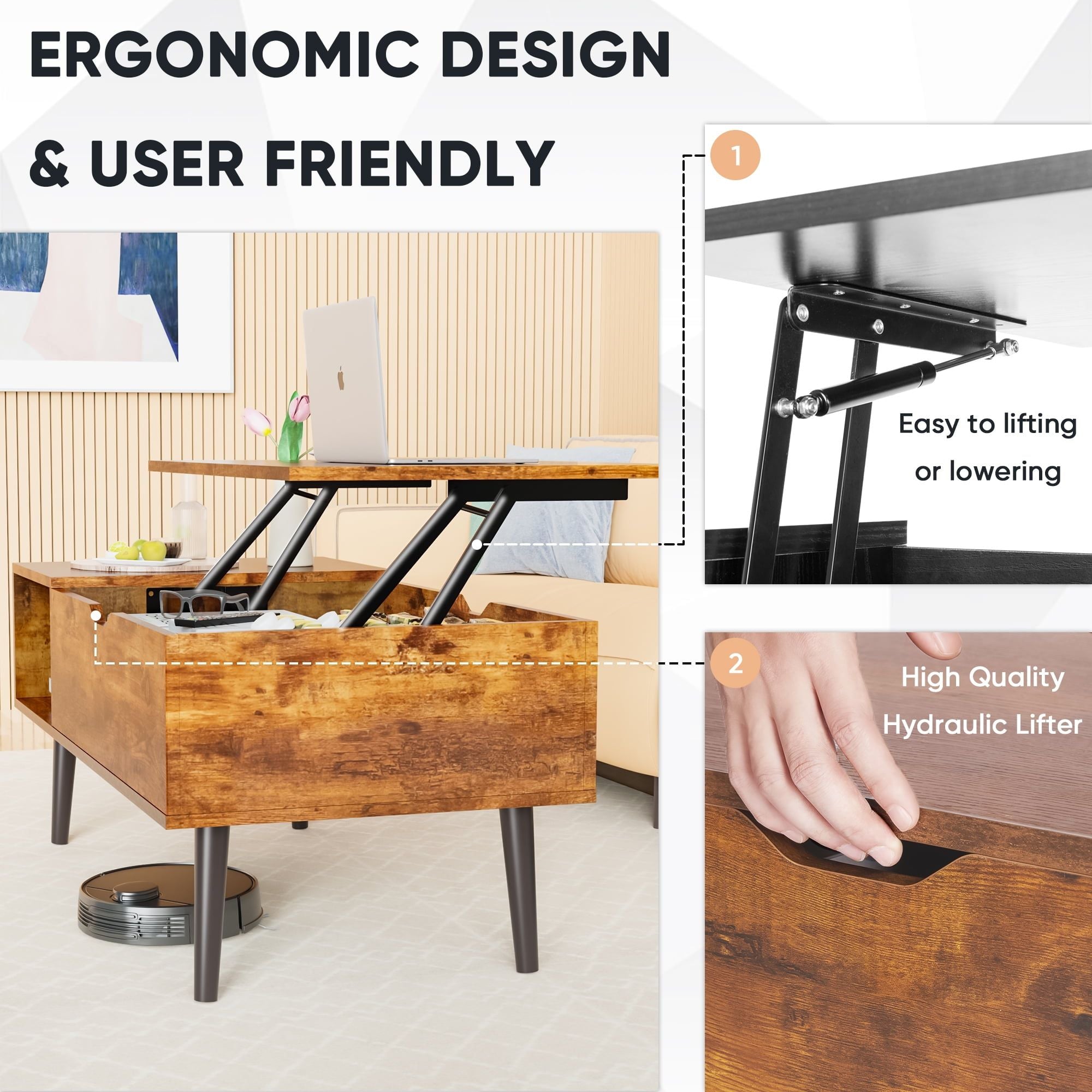 Lift-Top Coffee Table with Hidden Compartment and Side Shelves