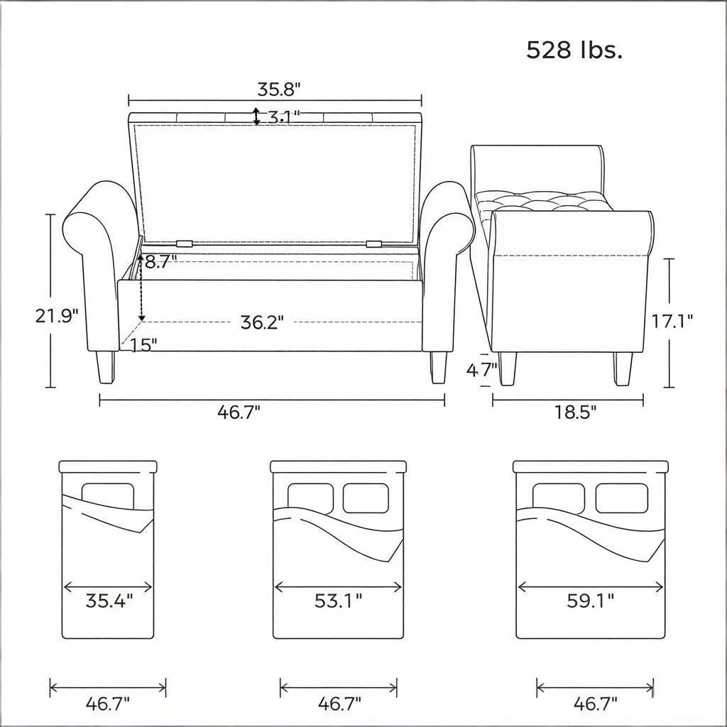 Light Gray 47 Tufted Storage Ottoman Bench with Rolled Arms Safety Hinge Wood Legs