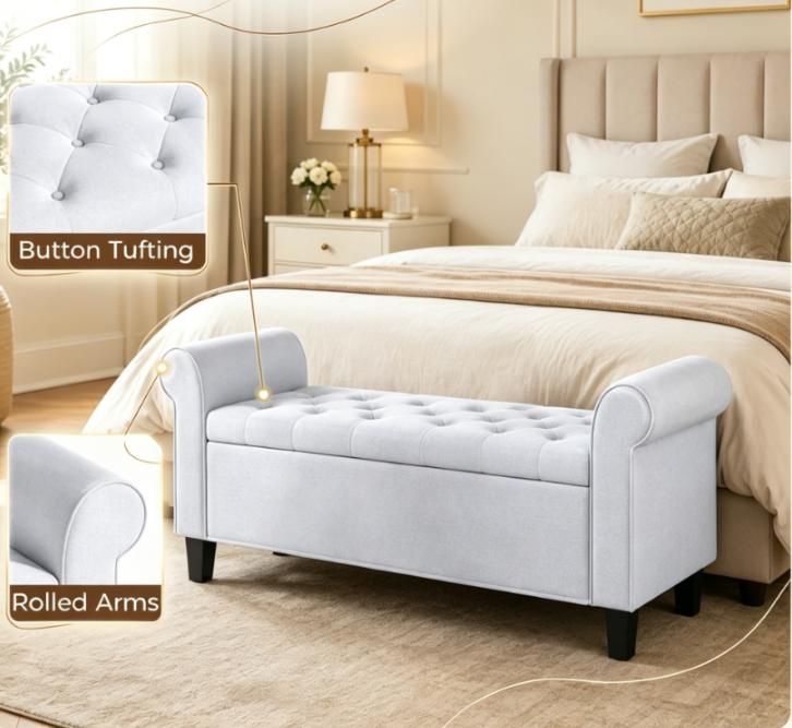Light Gray 47 Tufted Storage Ottoman Bench with Rolled Arms Safety Hinge Wood Legs
