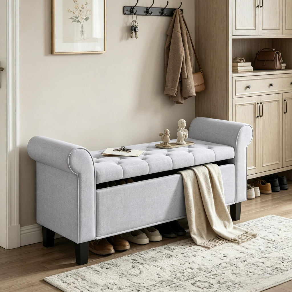 Light Gray 47 Tufted Storage Ottoman Bench with Rolled Arms Safety Hinge Wood Legs