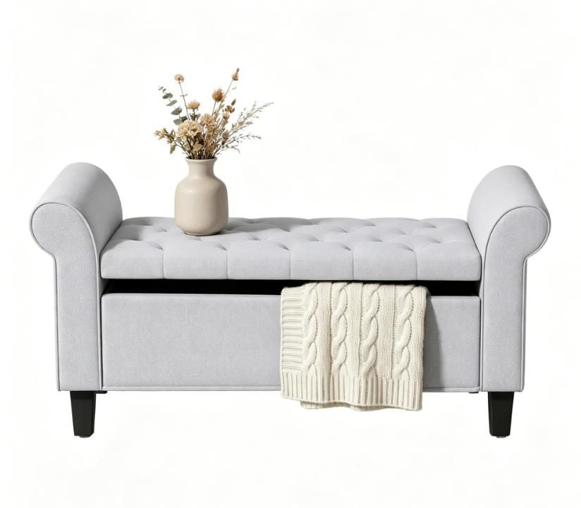 Light Gray 47 Tufted Storage Ottoman Bench with Rolled Arms Safety Hinge Wood Legs