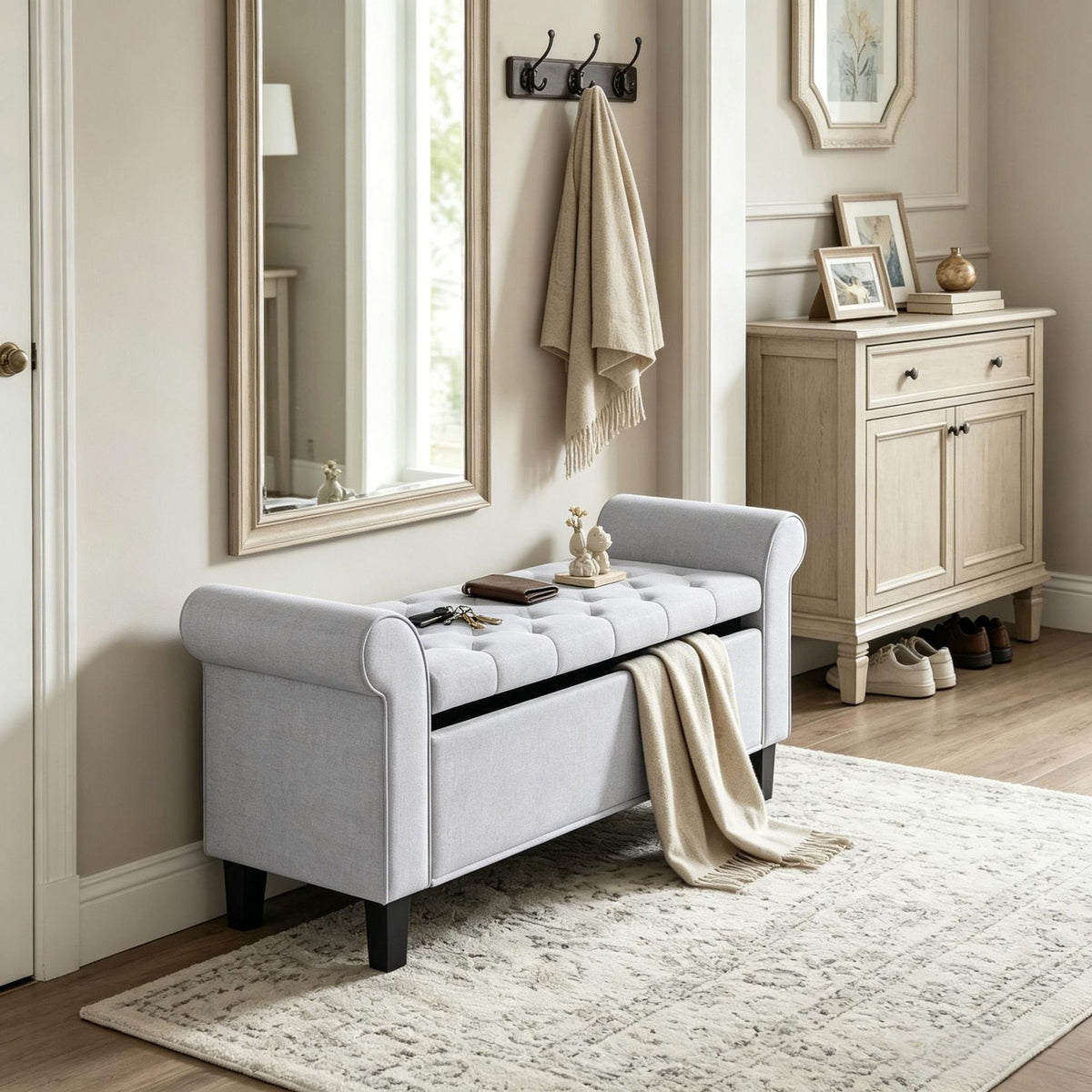 Light Gray 47 Tufted Storage Ottoman Bench with Rolled Arms Safety Hinge Wood Legs