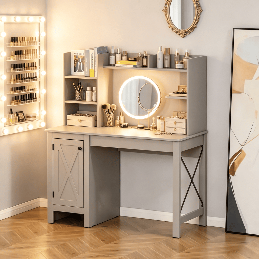Light Grey Computer Desk with Hutch – Farmhouse Design with Storage Cabinet