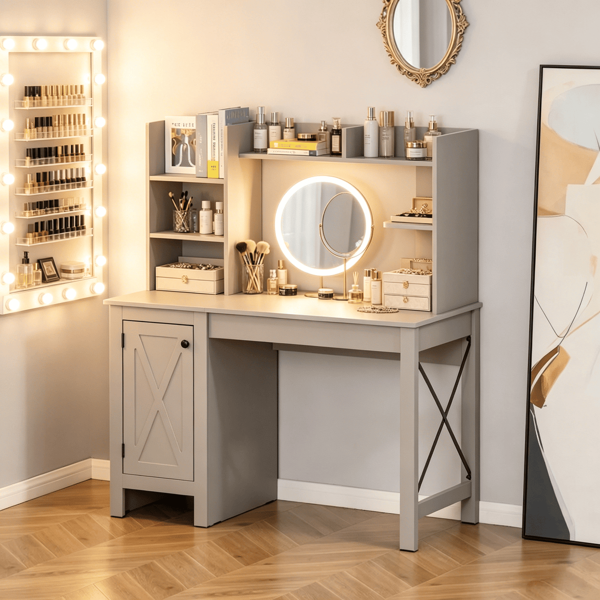 Light Grey Computer Desk with Hutch – Farmhouse Design with Storage Cabinet