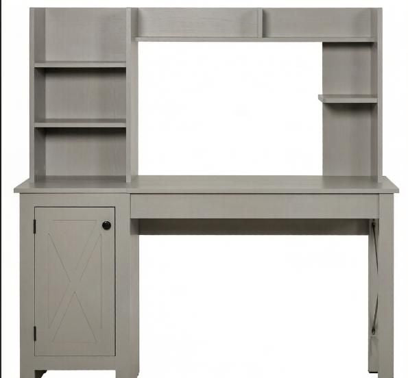 Light Grey Computer Desk with Hutch – Farmhouse Design with Storage Cabinet