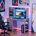 Light Grey Computer Desk with Hutch – Farmhouse Design with Storage Cabinet