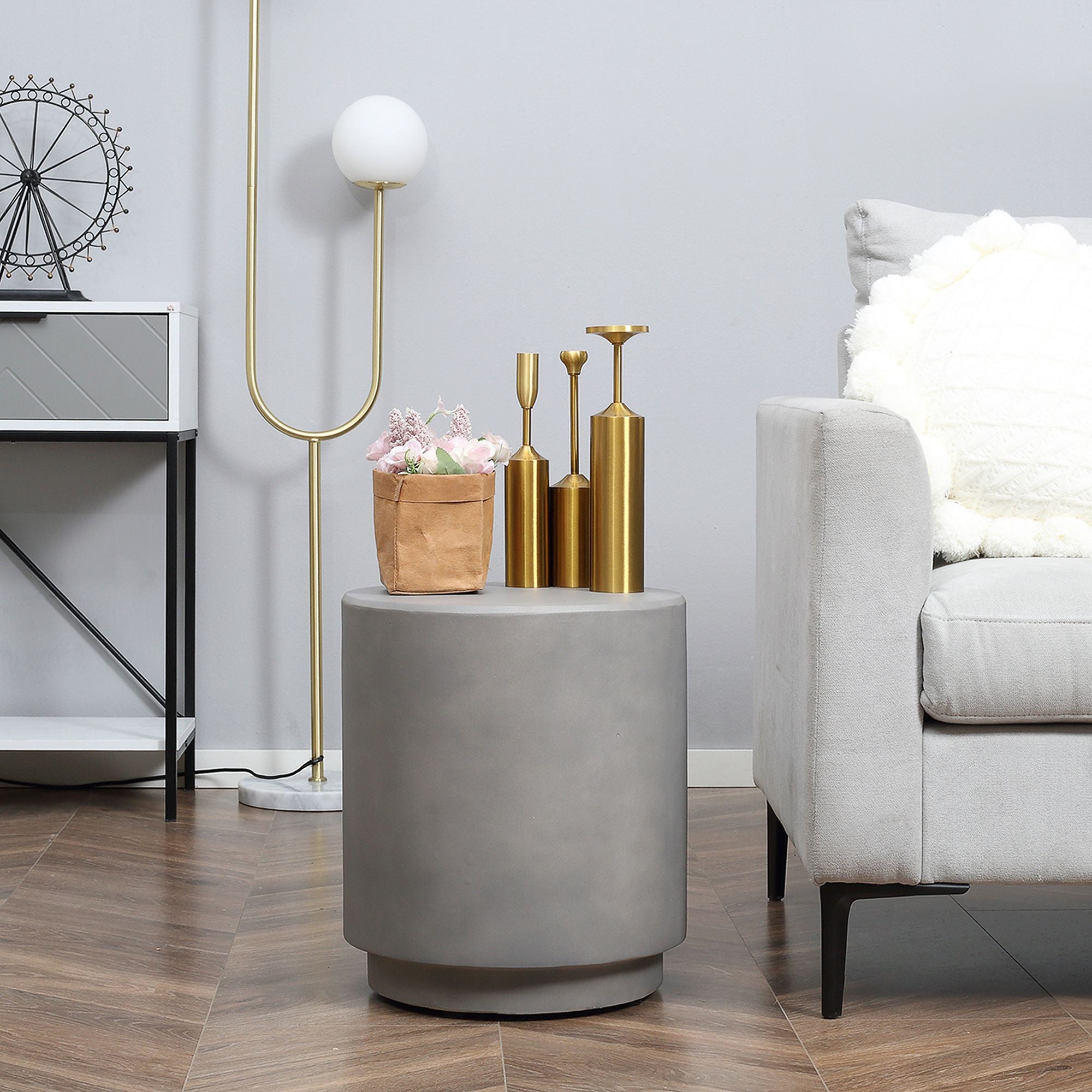 Modern Concrete Finish Round Side Table for Indoor or Outdoor Use