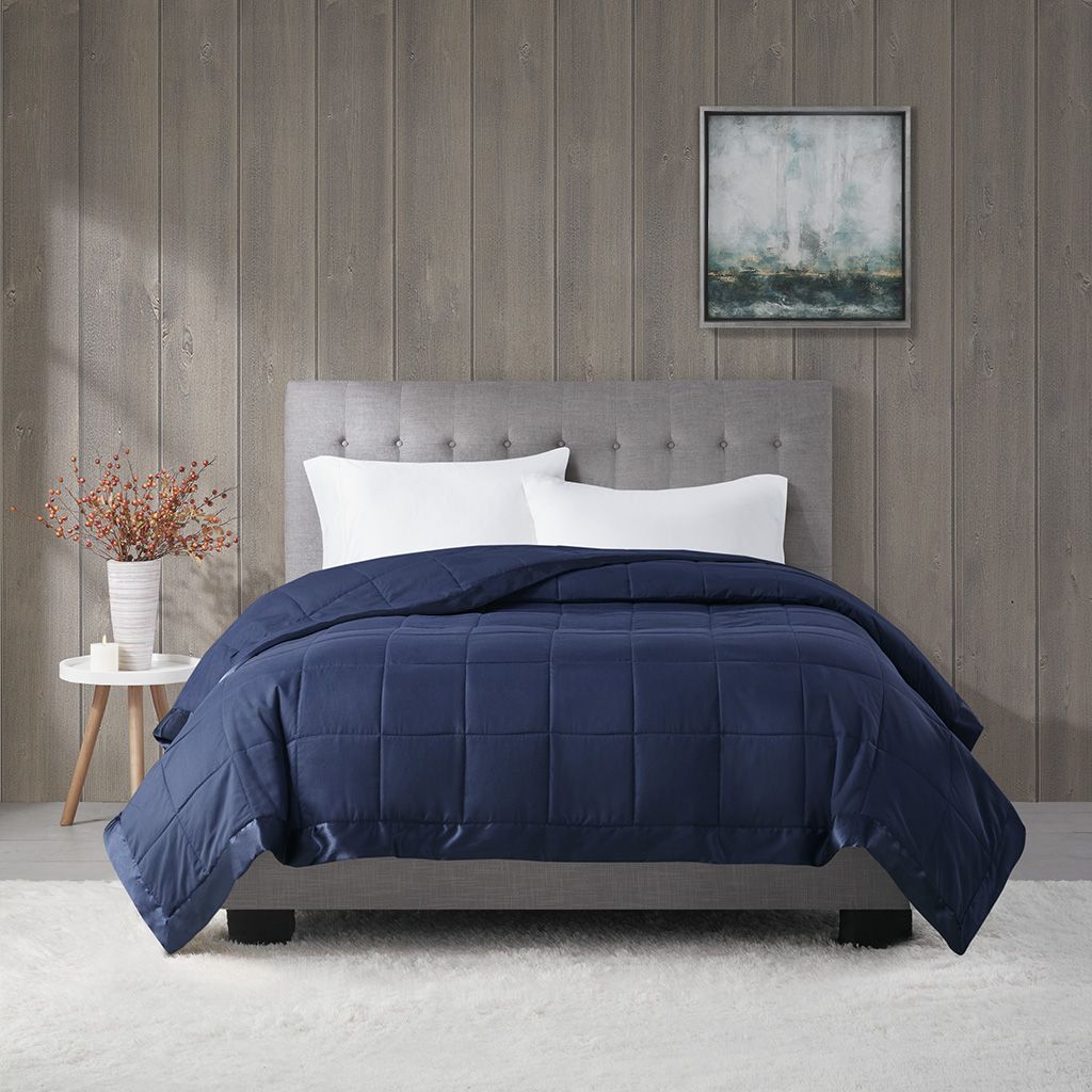 Navy Lightweight Blanket with Smooth Trim
