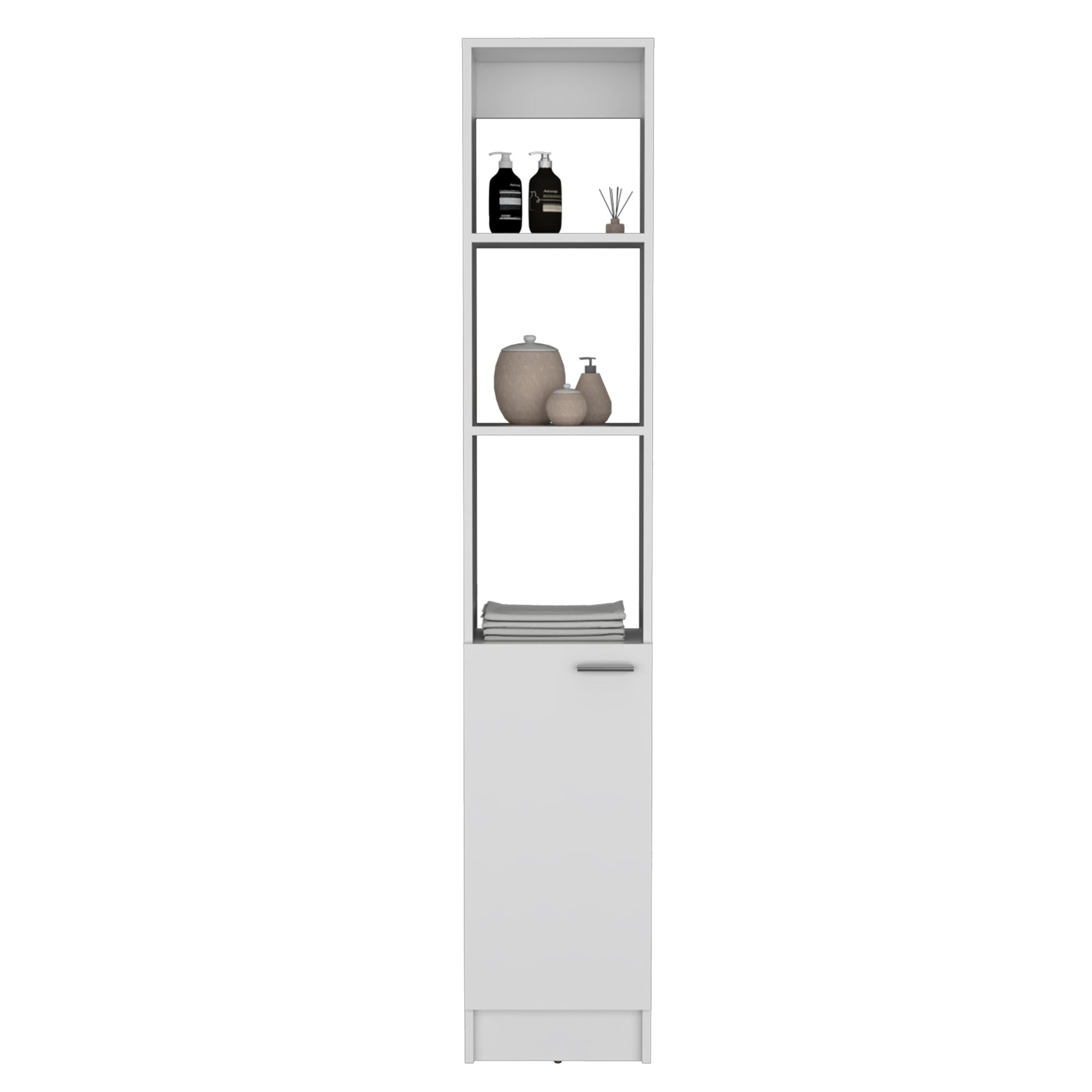 White Linen Cabinet with Adjustable Shelves and Modern Black Handle