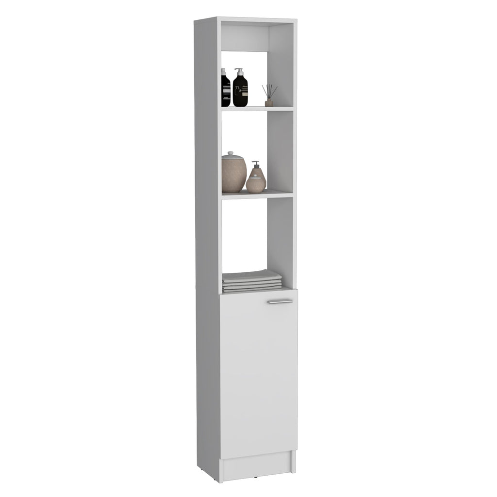 White Linen Cabinet with Adjustable Shelves and Modern Black Handle
