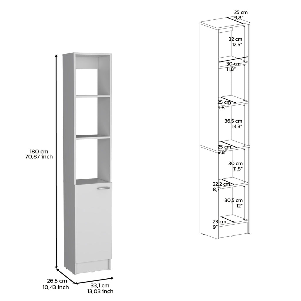 White Linen Cabinet with Adjustable Shelves and Modern Black Handle