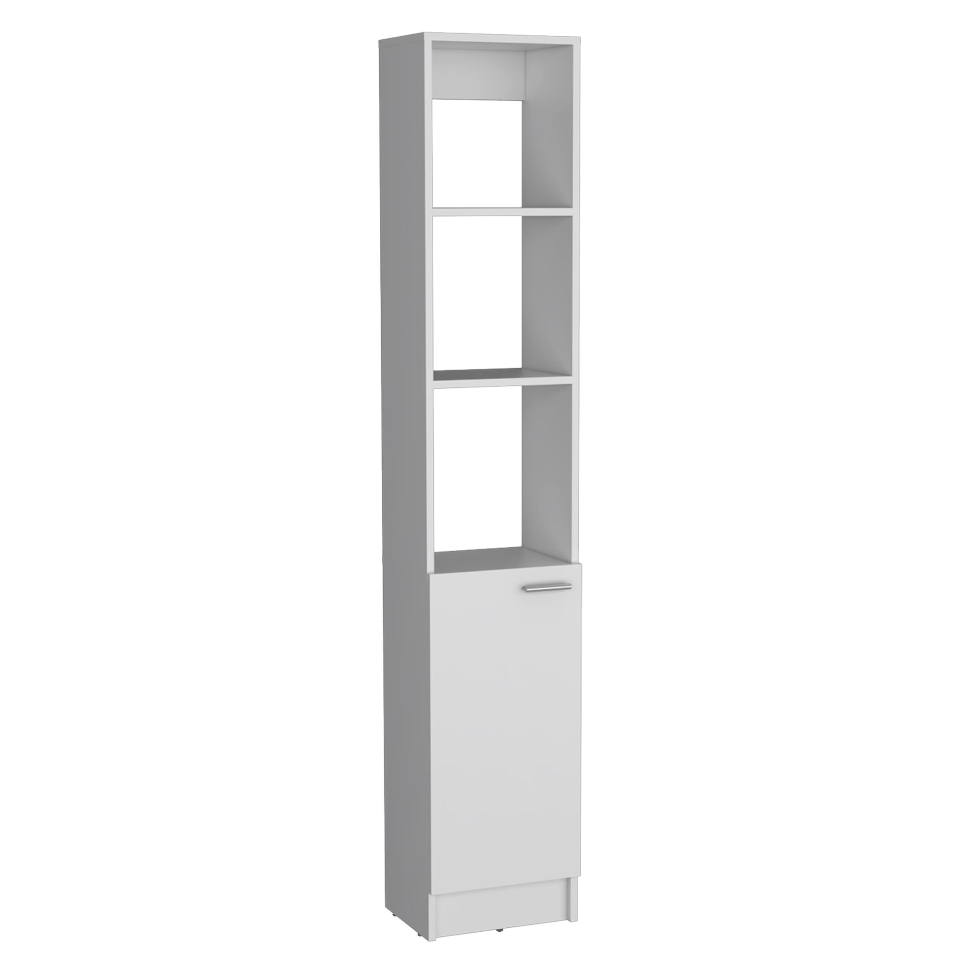 White Linen Cabinet with Adjustable Shelves and Modern Black Handle