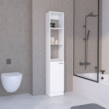 White Linen Cabinet with Adjustable Shelves and Modern Black Handle
