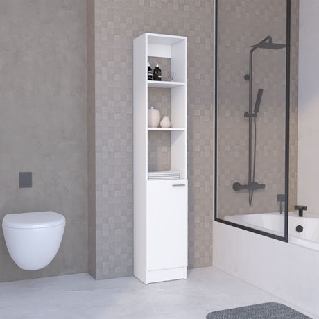 White Linen Cabinet with Adjustable Shelves and Modern Black Handle