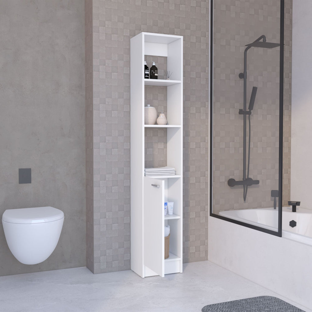 White Linen Cabinet with Adjustable Shelves and Modern Black Handle