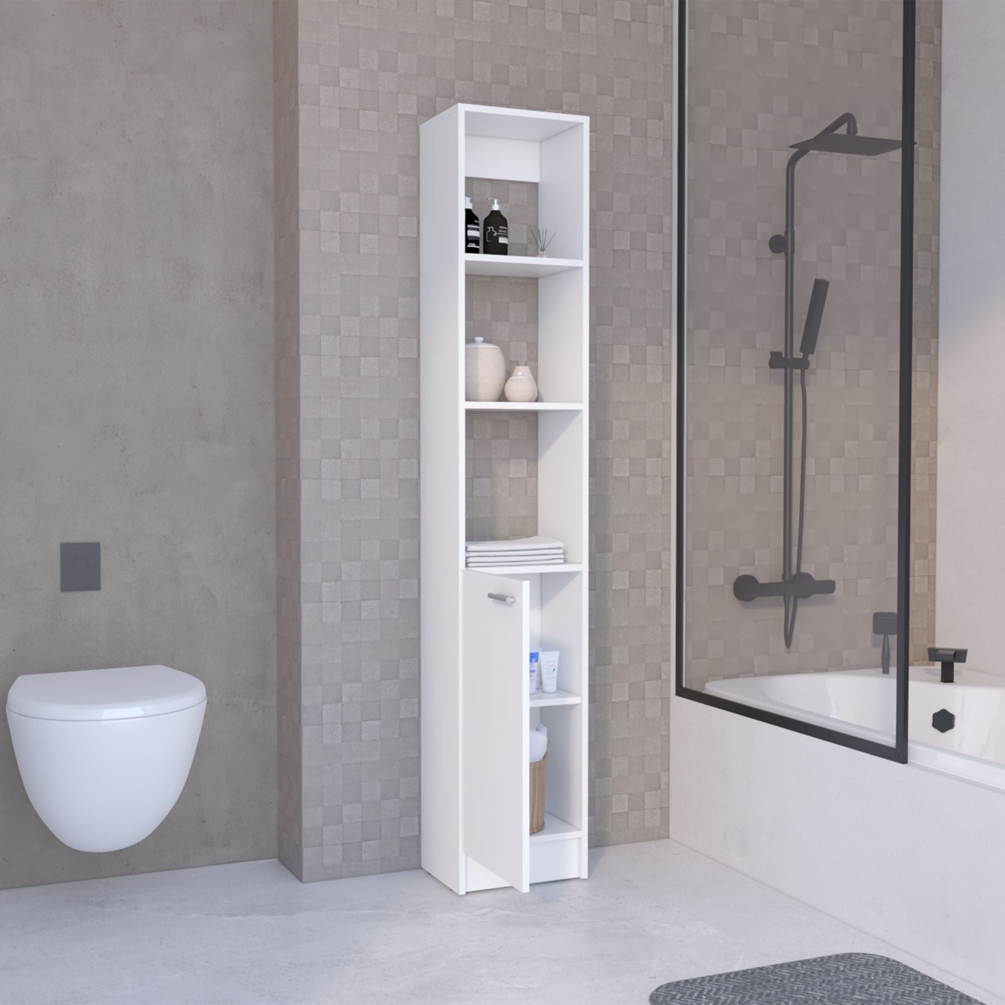 White Linen Cabinet with Adjustable Shelves and Modern Black Handle