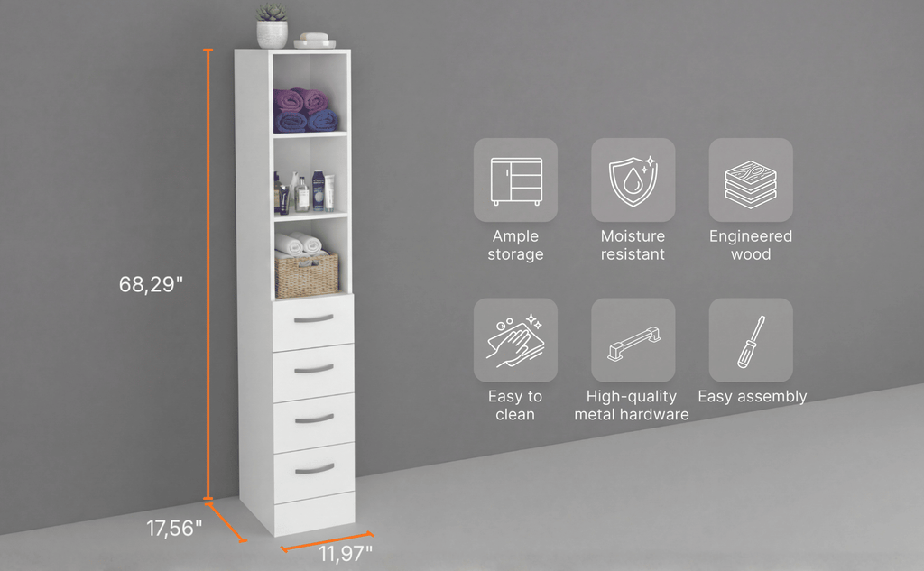 Linen Cabinet with Three Shelves and Four Drawers, White