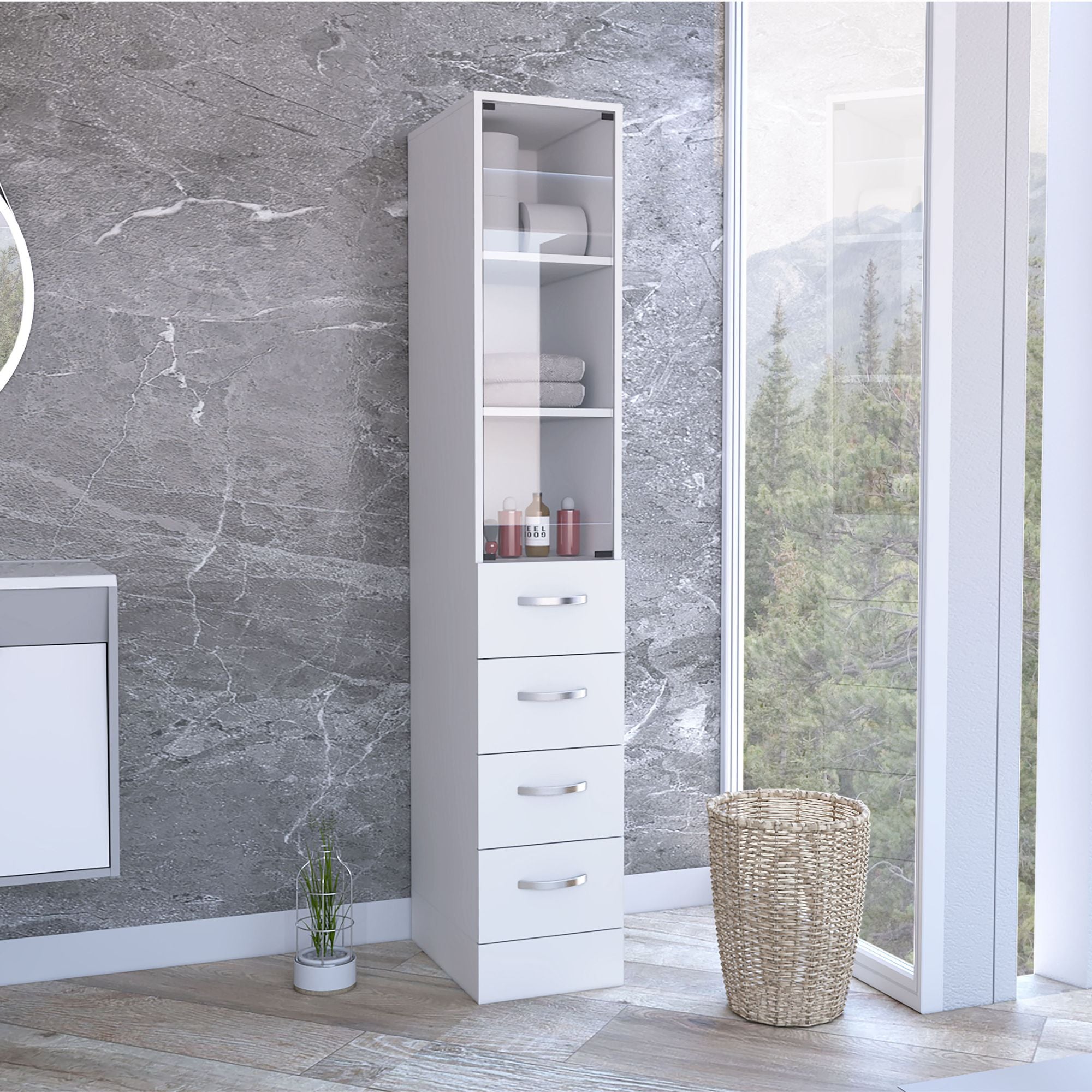 Linen Cabinet with Three Shelves and Four Drawers, White