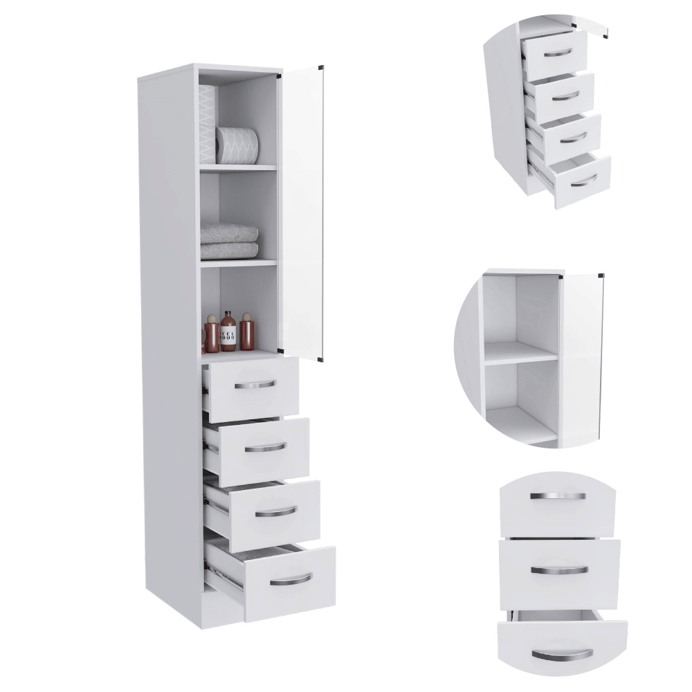 Linen Cabinet with Three Shelves and Four Drawers, White
