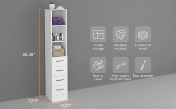 Linen Cabinet with Three Shelves and Four Drawers, White