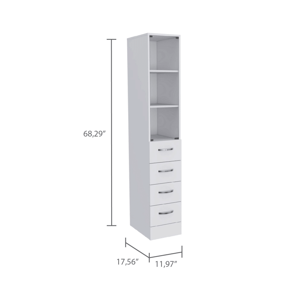 Linen Cabinet with Three Shelves and Four Drawers, White