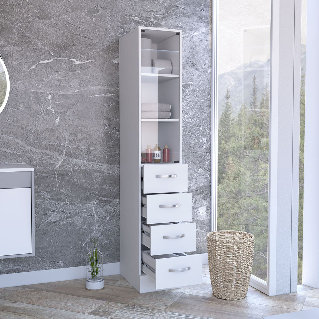 Linen Cabinet with Three Shelves and Four Drawers, White