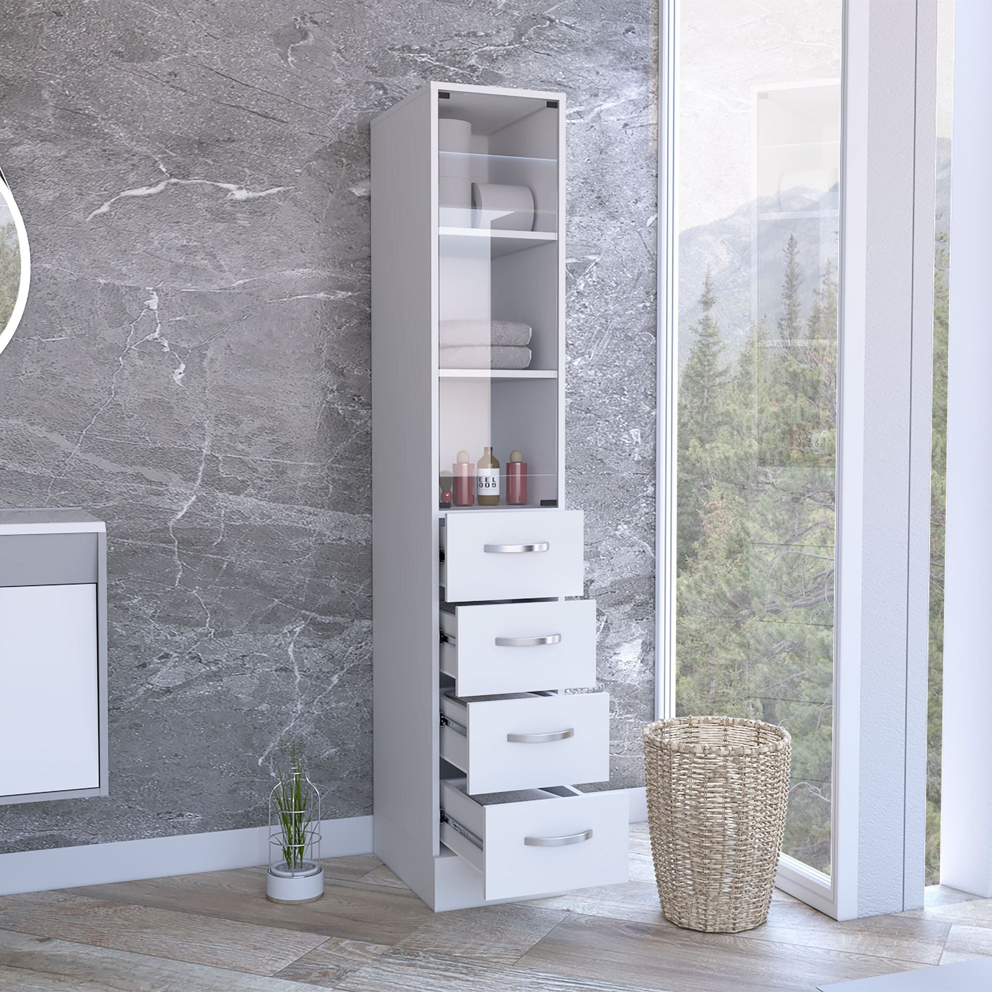 Linen Cabinet with Three Shelves and Four Drawers, White