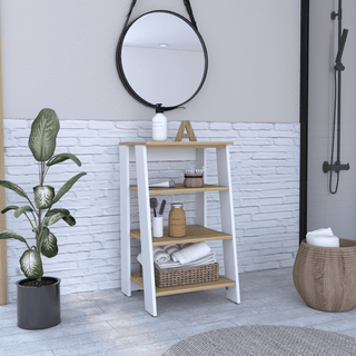 Linen Cabinet Jenne with Four Open Shelves, Light Oak / White Finish