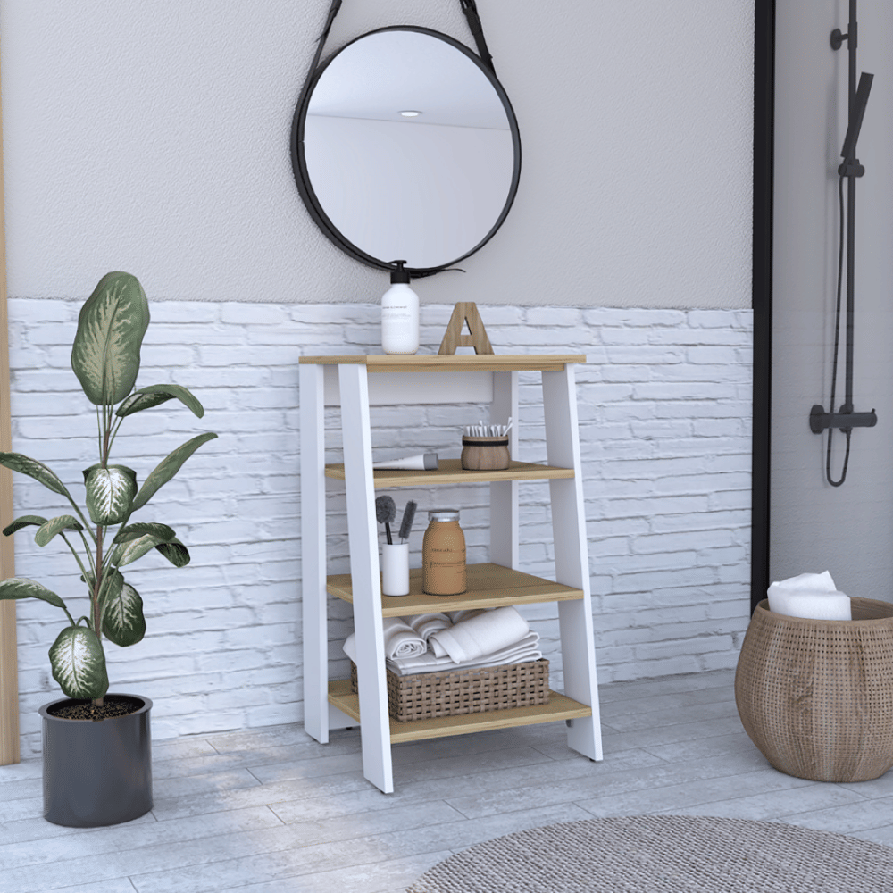 Linen Cabinet Jenne with Four Open Shelves, Light Oak / White Finish