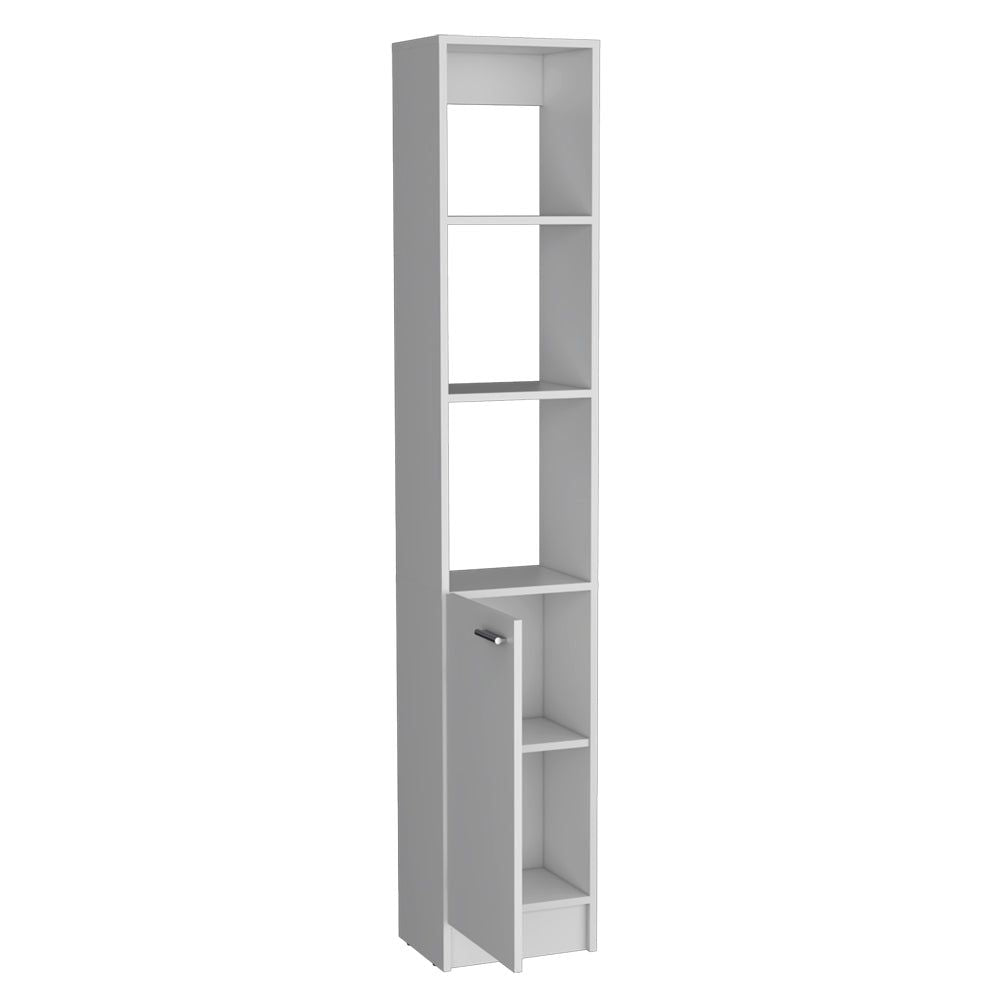 White Bathroom Linen Cabinet with Open and Concealed Shelves
