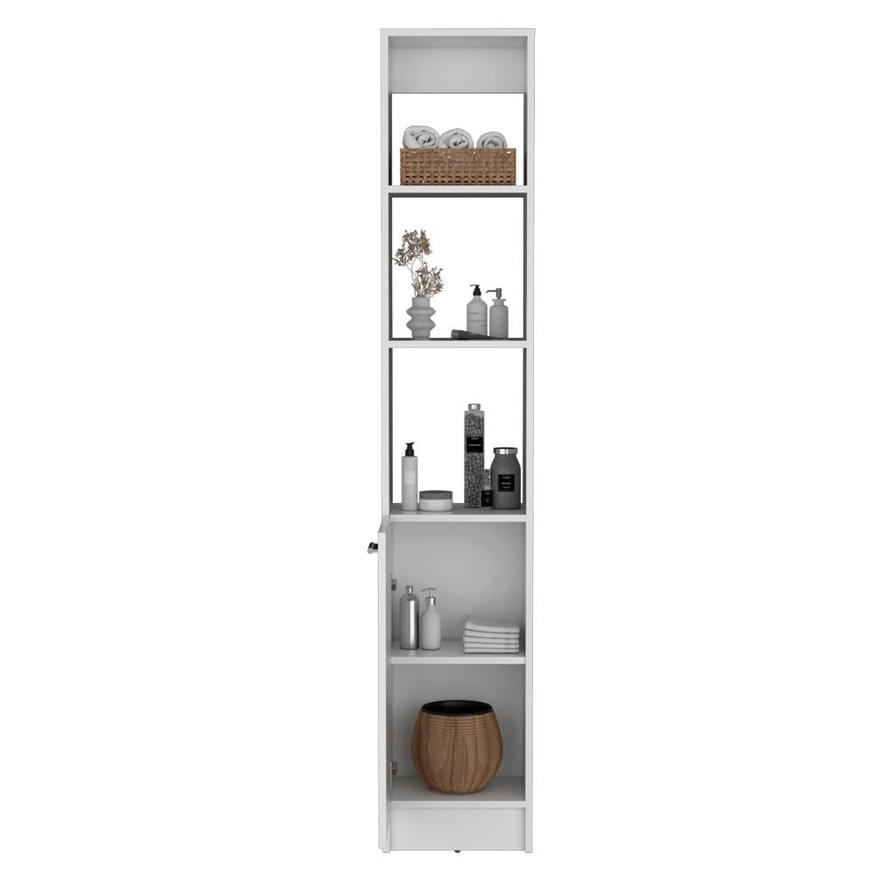 White Bathroom Linen Cabinet with Open and Concealed Shelves