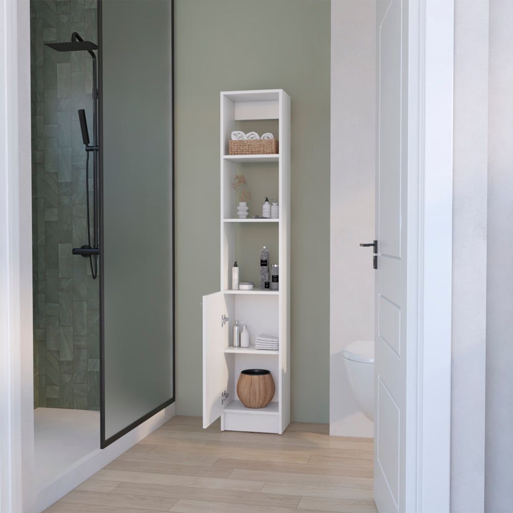 White Bathroom Linen Cabinet with Open and Concealed Shelves