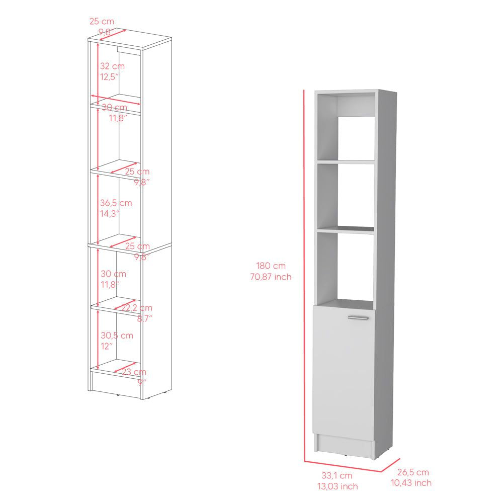 White Bathroom Linen Cabinet with Open and Concealed Shelves