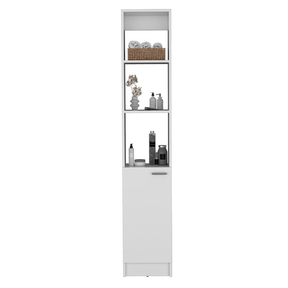 White Bathroom Linen Cabinet with Open and Concealed Shelves
