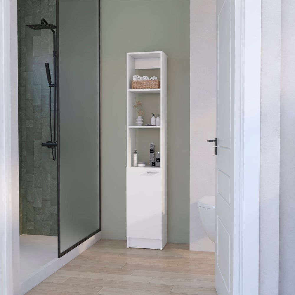 White Bathroom Linen Cabinet with Open and Concealed Shelves