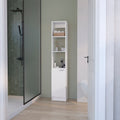 White Bathroom Linen Cabinet with Open and Concealed Shelves